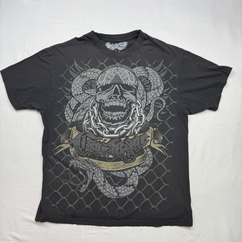 Hybrid Tee Sz L 21x28 Faded Skull Snake Cage Rage Y2K Graphic Print T-Shirt hole